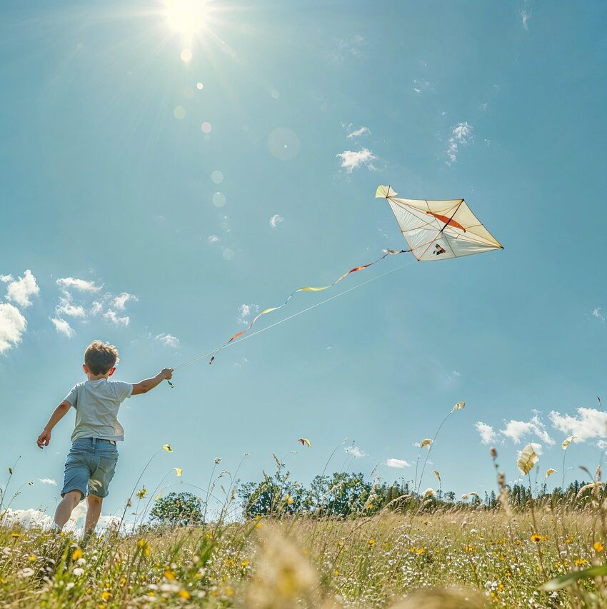 Boy flying kite in field
